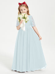 Long Junior Bridesmaid Gown Lace Top Half Sleeves Mist