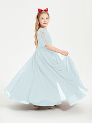 Long Junior Bridesmaid Gown Lace Top Half Sleeves Mist