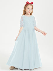 Long Junior Bridesmaid Gown Lace Top Half Sleeves Mist