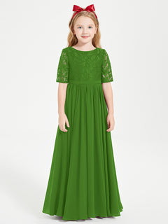 Long Junior Bridesmaid Gown Lace Top Half Sleeves Moss