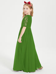 Long Junior Bridesmaid Gown Lace Top Half Sleeves Moss