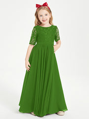 Long Junior Bridesmaid Gown Lace Top Half Sleeves Moss