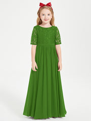 Long Junior Bridesmaid Gown Lace Top Half Sleeves Moss