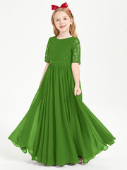 Long Junior Bridesmaid Gown Lace Top Half Sleeves Moss