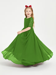 Long Junior Bridesmaid Gown Lace Top Half Sleeves Moss
