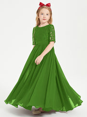 Long Junior Bridesmaid Gown Lace Top Half Sleeves Moss