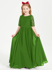Long Junior Bridesmaid Gown Lace Top Half Sleeves Moss