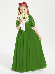 Long Junior Bridesmaid Gown Lace Top Half Sleeves Moss