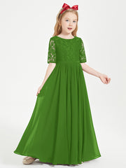 Long Junior Bridesmaid Gown Lace Top Half Sleeves Moss