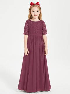 Long Junior Bridesmaid Gown Lace Top Half Sleeves Mulberry