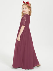 Long Junior Bridesmaid Gown Lace Top Half Sleeves Mulberry
