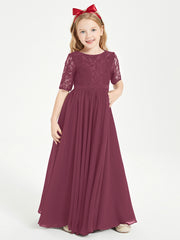 Long Junior Bridesmaid Gown Lace Top Half Sleeves Mulberry