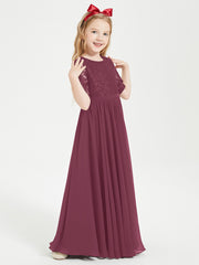 Long Junior Bridesmaid Gown Lace Top Half Sleeves Mulberry