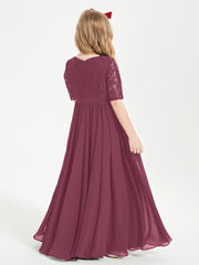 Long Junior Bridesmaid Gown Lace Top Half Sleeves Mulberry