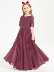 Long Junior Bridesmaid Gown Lace Top Half Sleeves Mulberry