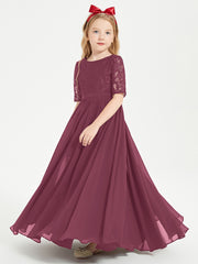 Long Junior Bridesmaid Gown Lace Top Half Sleeves Mulberry