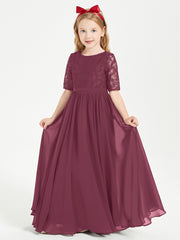 Long Junior Bridesmaid Gown Lace Top Half Sleeves Mulberry