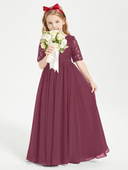 Long Junior Bridesmaid Gown Lace Top Half Sleeves Mulberry