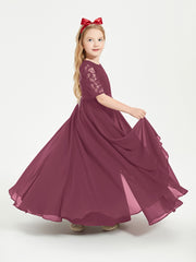 Long Junior Bridesmaid Gown Lace Top Half Sleeves Mulberry