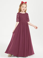 Long Junior Bridesmaid Gown Lace Top Half Sleeves Mulberry