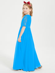 Long Junior Bridesmaid Gown Lace Top Half Sleeves Ocean Blue