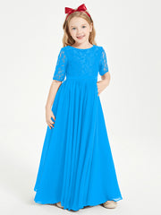 Long Junior Bridesmaid Gown Lace Top Half Sleeves Ocean Blue