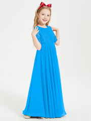 Long Junior Bridesmaid Gown Lace Top Half Sleeves Ocean Blue