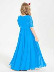 Long Junior Bridesmaid Gown Lace Top Half Sleeves Ocean Blue