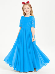 Long Junior Bridesmaid Gown Lace Top Half Sleeves Ocean Blue