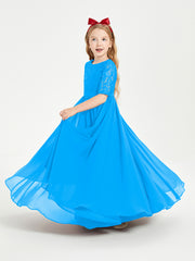 Long Junior Bridesmaid Gown Lace Top Half Sleeves Ocean Blue