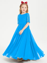 Long Junior Bridesmaid Gown Lace Top Half Sleeves Ocean Blue