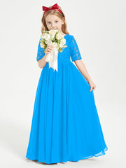 Long Junior Bridesmaid Gown Lace Top Half Sleeves Ocean Blue