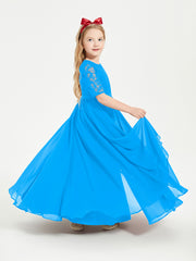 Long Junior Bridesmaid Gown Lace Top Half Sleeves Ocean Blue