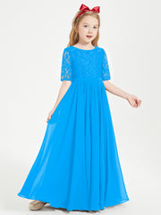 Long Junior Bridesmaid Gown Lace Top Half Sleeves Ocean Blue