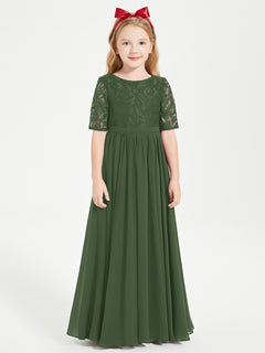 Long Junior Bridesmaid Gown Lace Top Half Sleeves Olive Green