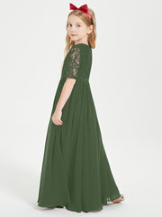 Long Junior Bridesmaid Gown Lace Top Half Sleeves Olive Green