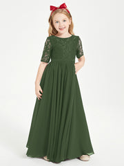Long Junior Bridesmaid Gown Lace Top Half Sleeves Olive Green