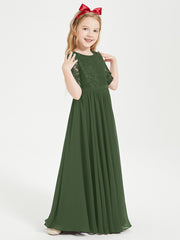 Long Junior Bridesmaid Gown Lace Top Half Sleeves Olive Green