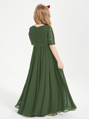 Long Junior Bridesmaid Gown Lace Top Half Sleeves Olive Green