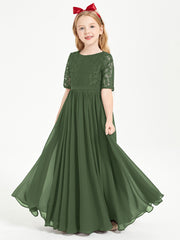 Long Junior Bridesmaid Gown Lace Top Half Sleeves Olive Green