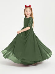 Long Junior Bridesmaid Gown Lace Top Half Sleeves Olive Green