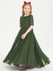 Long Junior Bridesmaid Gown Lace Top Half Sleeves Olive Green