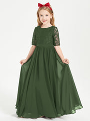 Long Junior Bridesmaid Gown Lace Top Half Sleeves Olive Green