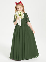 Long Junior Bridesmaid Gown Lace Top Half Sleeves Olive Green