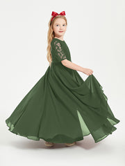 Long Junior Bridesmaid Gown Lace Top Half Sleeves Olive Green