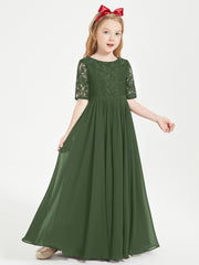 Long Junior Bridesmaid Gown Lace Top Half Sleeves Olive Green