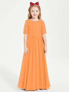 Long Junior Bridesmaid Gown Lace Top Half Sleeves Orange