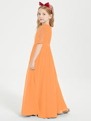 Long Junior Bridesmaid Gown Lace Top Half Sleeves Orange