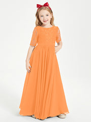 Long Junior Bridesmaid Gown Lace Top Half Sleeves Orange
