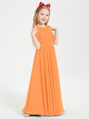 Long Junior Bridesmaid Gown Lace Top Half Sleeves Orange